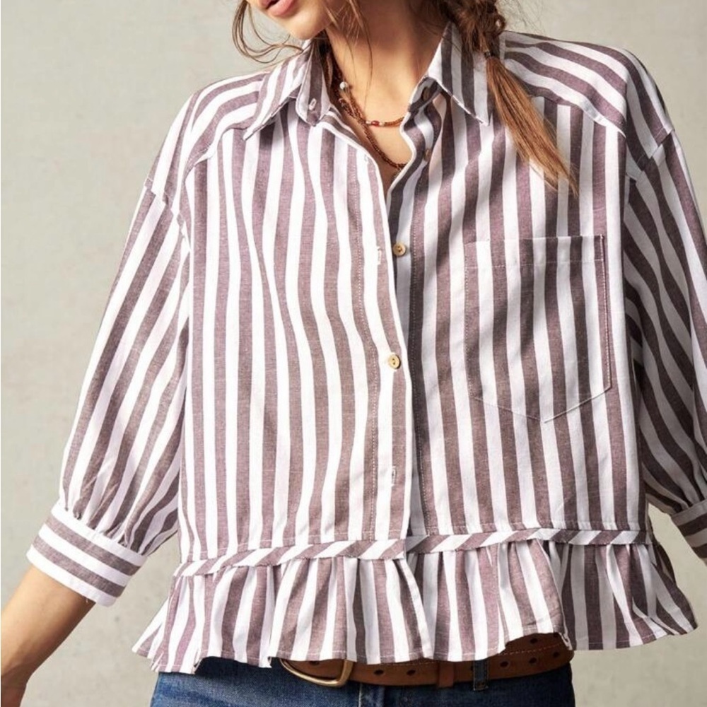 Striped Button-Up Ruffle Hem Blouse - Picture 2 of 7